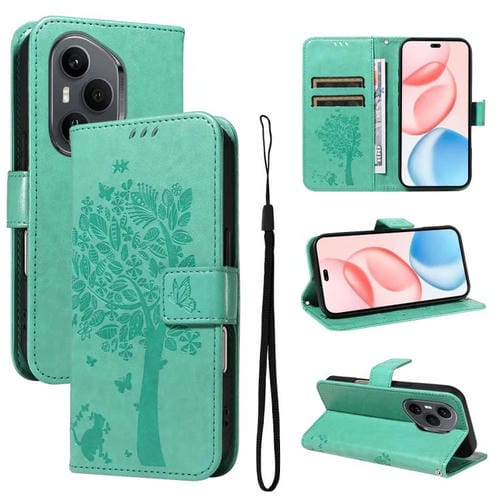 Funda de cuero con tapa para Honor 400 Pro Global (160,8 mm), diseño de árbol y gato (verde)
