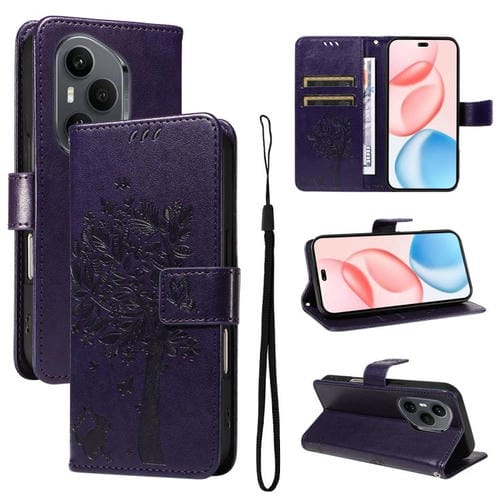 Funda de cuero con tapa para Honor 400 Pro Global (160,8 mm), diseño de árbol y gato en relieve (morado)