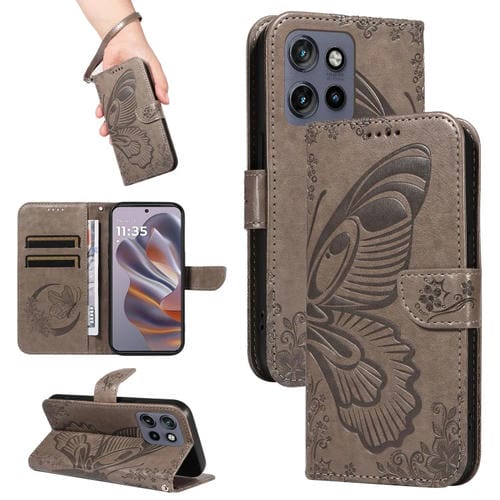 Funda de Cuero con Relieve de Mariposa para Motorola Edge 50 Neo (Gris)
