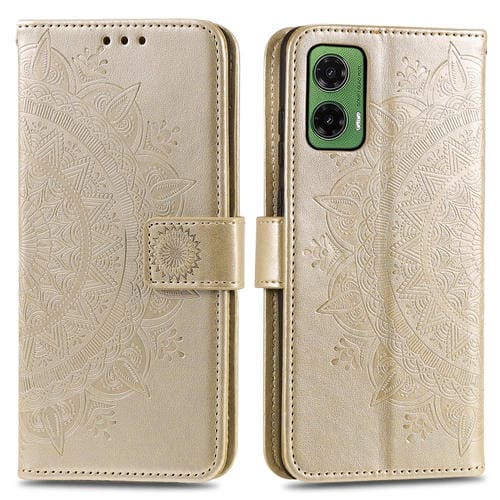 Funda de Cuero con Relieve de Flores y Tótem para Motorola Moto G35 con Cordón (Dorado)