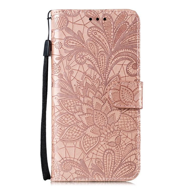 Para Huawei Honor Y8s Lace Flower Funda de cuero con tapa horizontal con soporte y ranuras para tarjetas, billetera y marco de fotos (oro rosa)