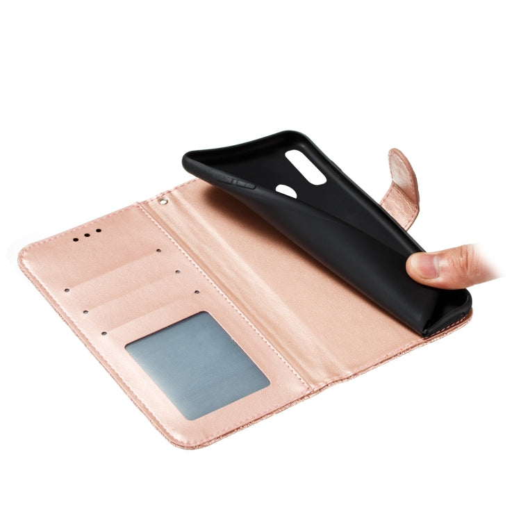Para Huawei Honor Y8s Lace Flower Funda de cuero con tapa horizontal con soporte y ranuras para tarjetas, billetera y marco de fotos (oro rosa)