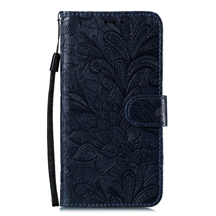 Para Huawei Honor Y8s Lace Flower Funda de cuero con tapa horizontal con soporte y ranuras para tarjetas y billetera y marco de fotos (azul oscuro)