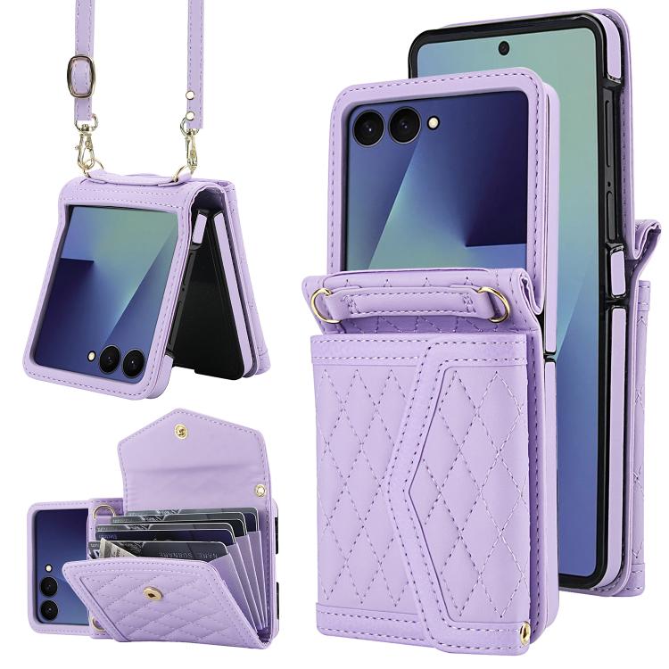 Funda con textura rómbica para Samsung Galaxy Z Flip7 5G, con cordón largo y corto (no incluye bolígrafo) (morado)