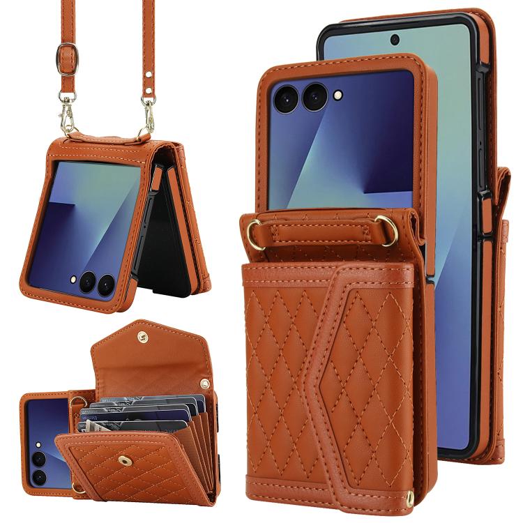 Funda con textura rómbica para Samsung Galaxy Z Flip7 5G, con cordón largo y corto (no incluye bolígrafo) (marrón)