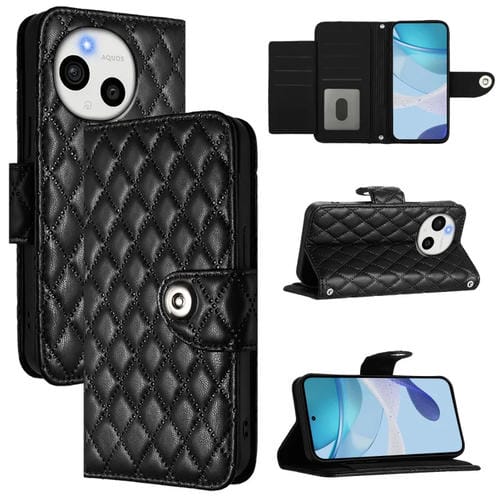 Funda de Cuero con Tapa y Textura Rombal para Sharp Aquos Sense9 Plus con Cordón (Negro)