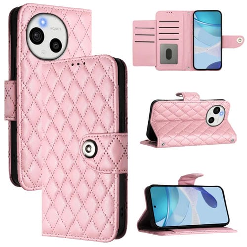 Funda de Cuero con Tapa y Textura Rombal para Sharp Aquos Sense9 Plus con Cordón (Rosa)