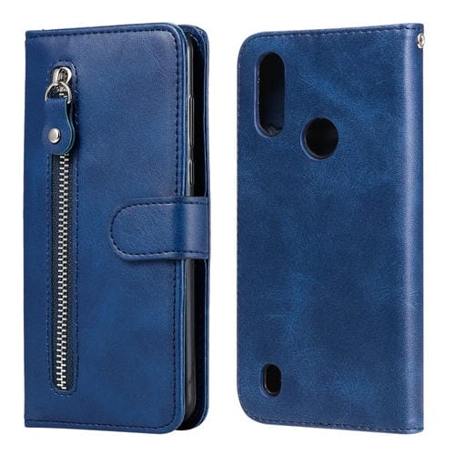 Para Motorola Moto E6s (2020) Estuche de cuero con tapa horizontal con cremallera y textura de becerro con soporte, ranuras para tarjetas y función de billetera (azul)