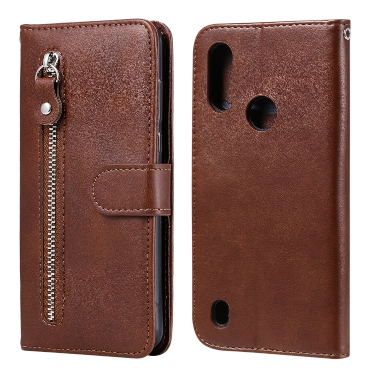 Para Motorola Moto E6s (2020) Estuche de cuero con tapa horizontal con cremallera y textura de becerro con soporte, ranuras para tarjetas y función de billetera (marrón)