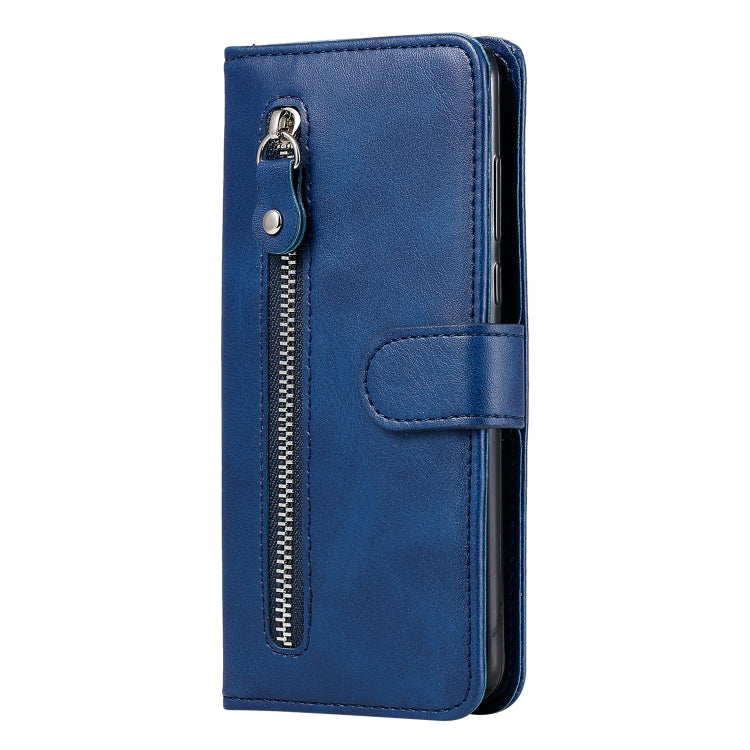 Para Motorola Moto G8 Power Lite Fashion Becerro Textura Cremallera Funda de cuero con tapa horizontal con soporte y ranuras para tarjetas y función de billetera (Azul)