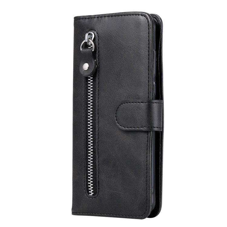 Para Motorola Moto G8 Power Lite Fashion Becerro Textura Cremallera Funda de cuero con tapa horizontal con soporte y ranuras para tarjetas y función de billetera (Negro)