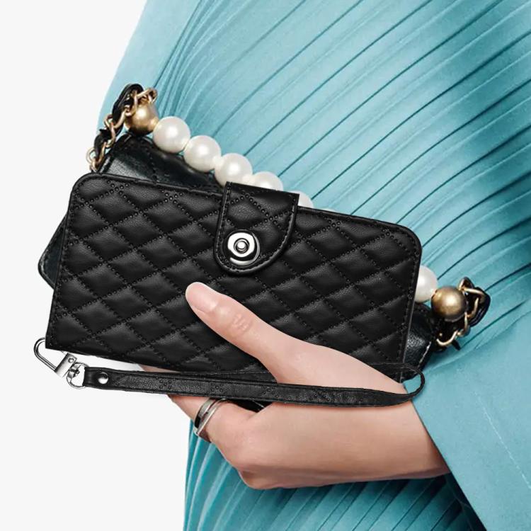 Funda de cuero con textura rómbica y cordón para Samsung Galaxy M56 5G (negra)