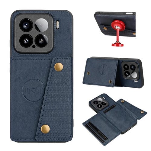 Funda Magnética Para Teléfono Xiaomi 15 Con Ranuras Para Tarjetas Y Doble Hebilla (Azul)