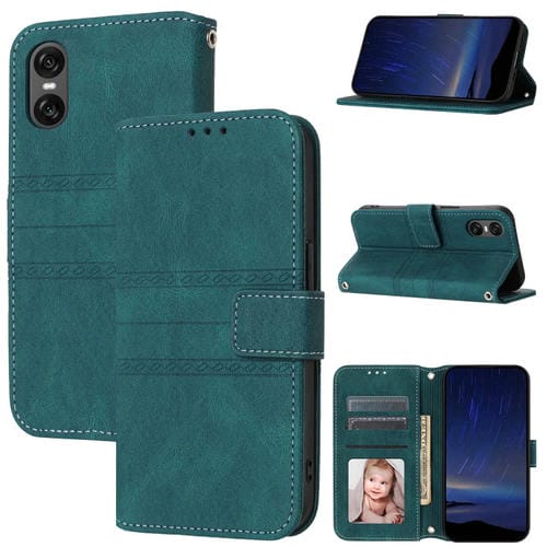 Funda de Cuero para Sony Xperia 10 Vi con Sensación de Piel y Rayas en Relieve (Verde Oscuro)