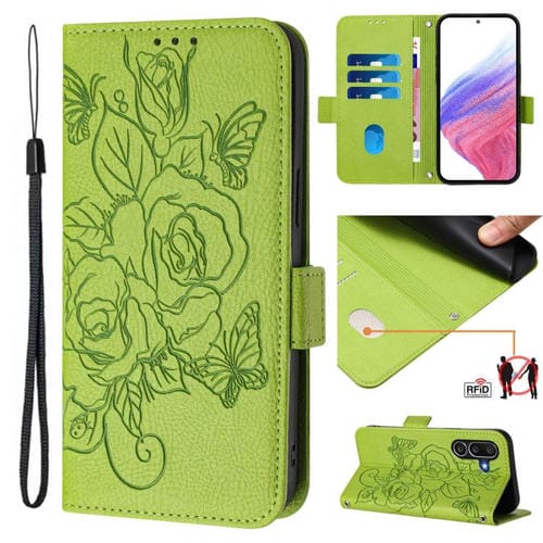 Funda de cuero antirrobo RFID con relieve rosa para Samsung Galaxy M56 5G (verde)