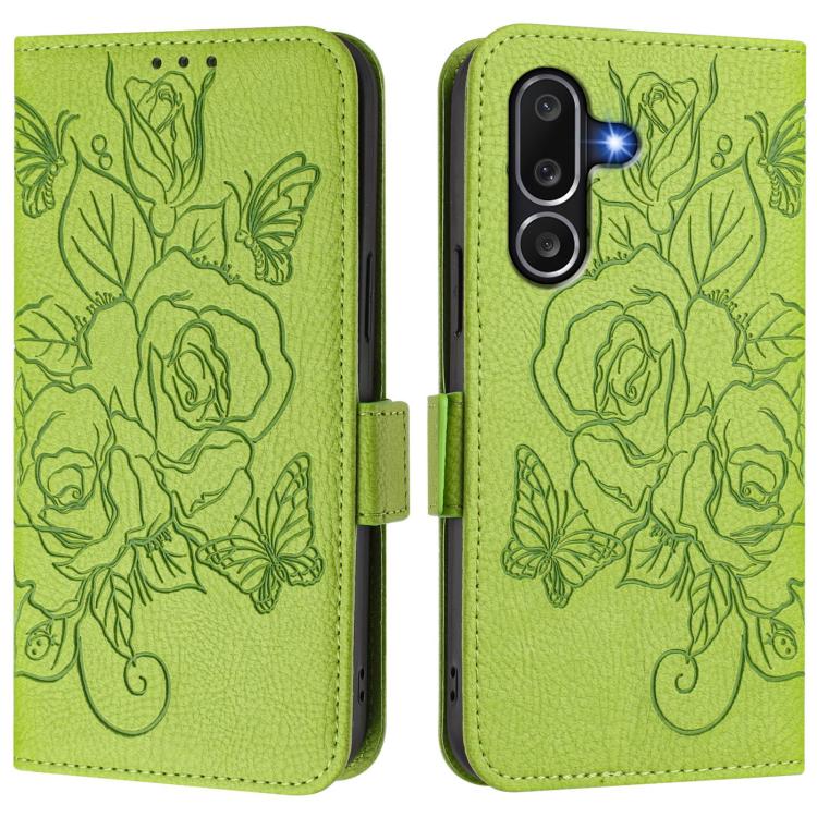 Funda de cuero antirrobo RFID con relieve rosa para Samsung Galaxy M56 5G (verde)