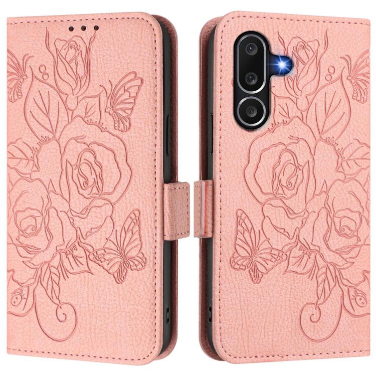 Funda de cuero antirrobo RFID con relieve rosa para Samsung Galaxy M56 5G (rosa)
