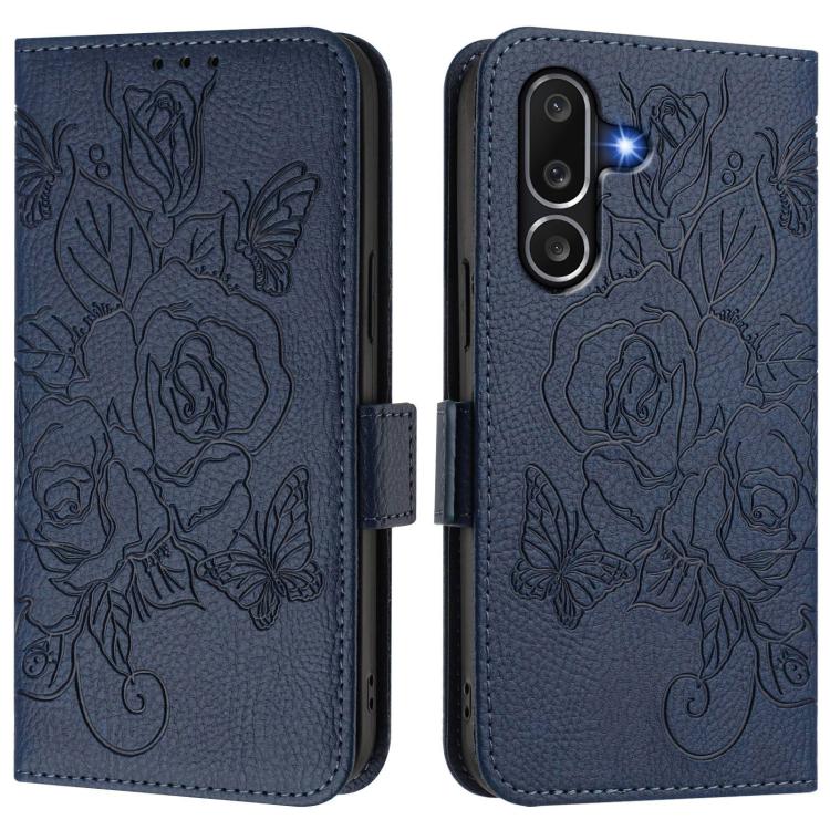 Funda de cuero antirrobo RFID con relieve rosa para Samsung Galaxy M56 5G (azul oscuro)
