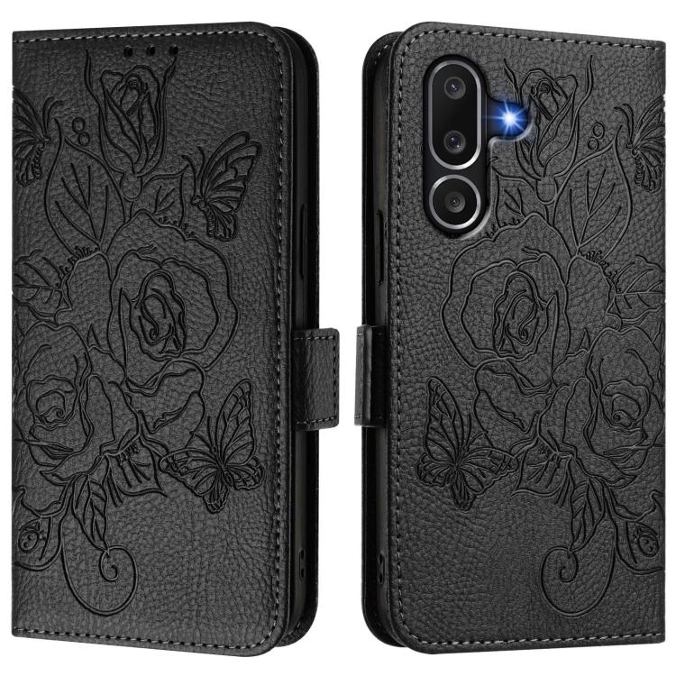 Funda de cuero antirrobo RFID con relieve rosa para Samsung Galaxy M56 5G (negra)