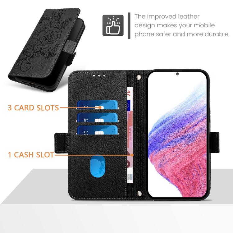 Funda de cuero antirrobo RFID con relieve rosa para Samsung Galaxy M56 5G (negra)