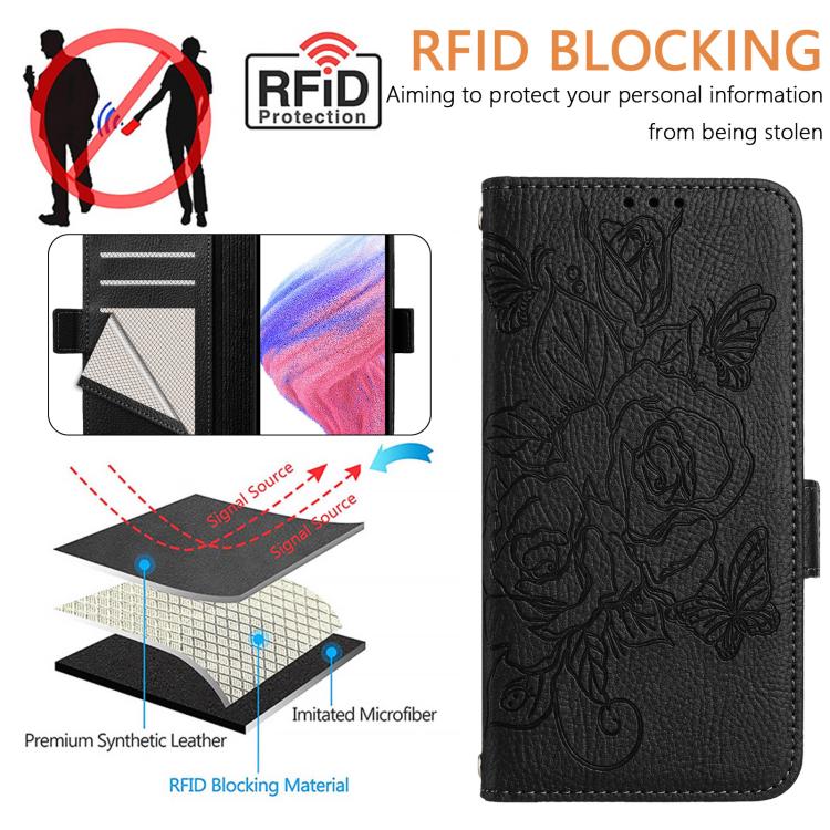 Funda de cuero antirrobo RFID con relieve rosa para Samsung Galaxy M56 5G (negra)