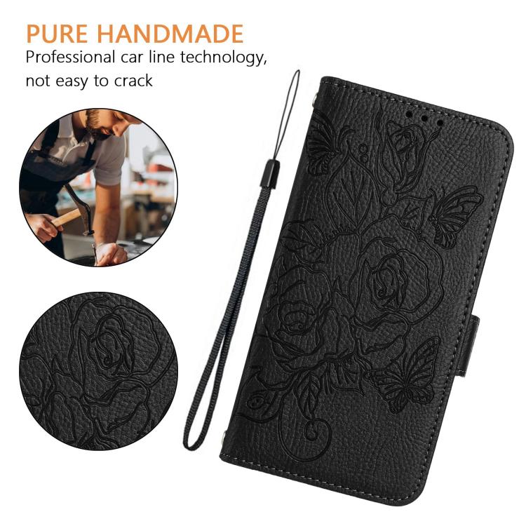 Funda de cuero antirrobo RFID con relieve rosa para Samsung Galaxy M56 5G (negra)