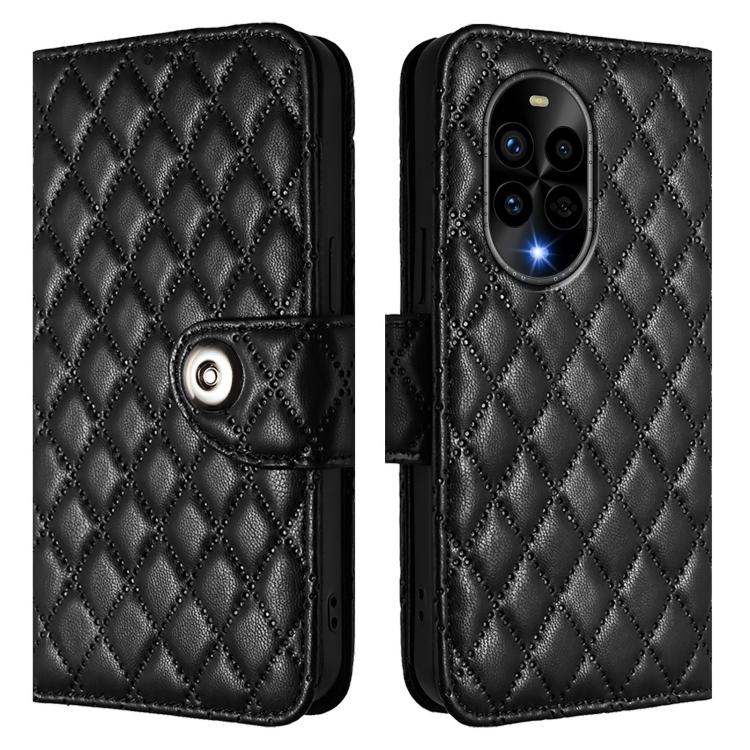 Funda de Cuero con Tapa y Textura Rombal para Huawei Nova 13 Pro con Cordón (Negro)