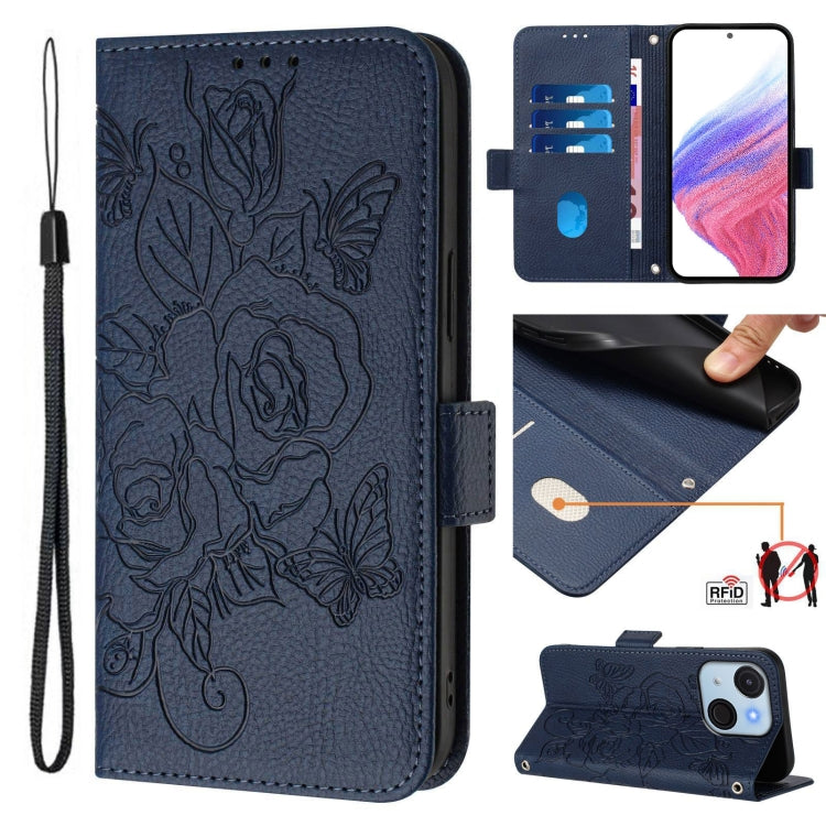 Funda de Cuero Antirrobo RFID con Relieve para Teléfono Itel A50C (Azul Oscuro)