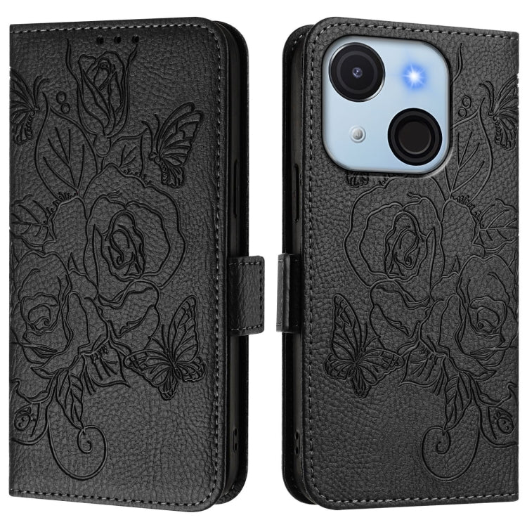 Funda de Cuero Antirrobo Rfid para Teléfono Itel A50C con Diseño de Rosa en Relieve (Negra)