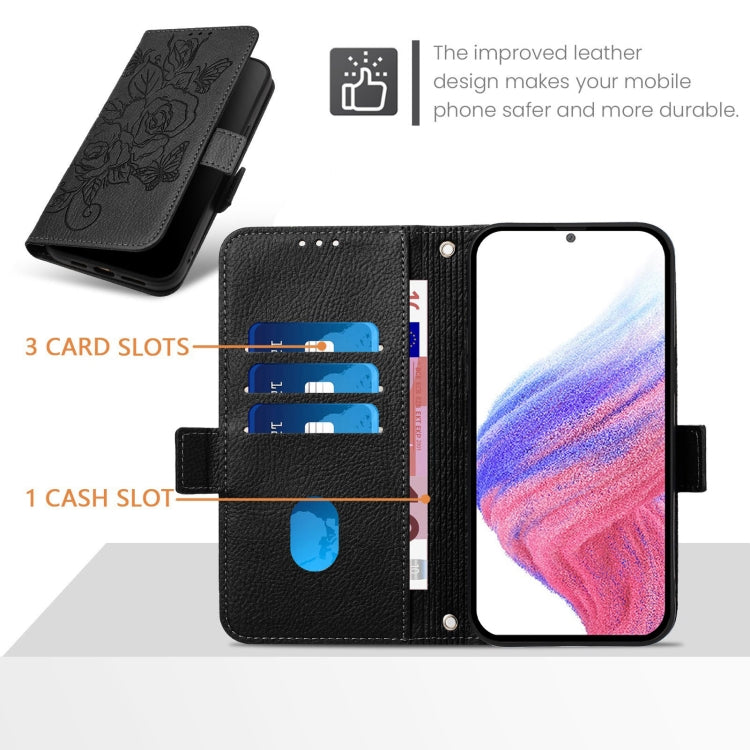 Funda de Cuero Antirrobo Rfid para Teléfono Itel A50C con Diseño de Rosa en Relieve (Negra)