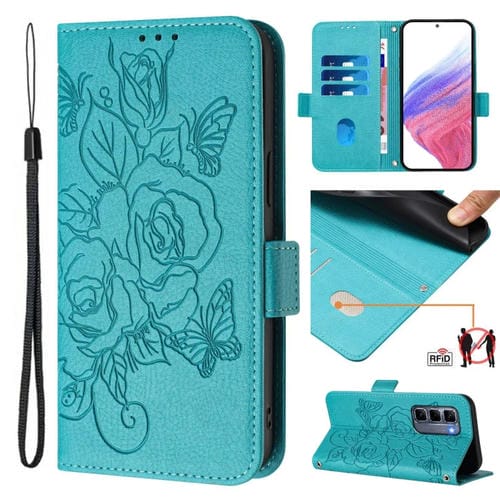 Funda de Cuero Antirrobo RFID con Relieve para Infinix Hot 50 Pro+ 4G (Azul Claro)