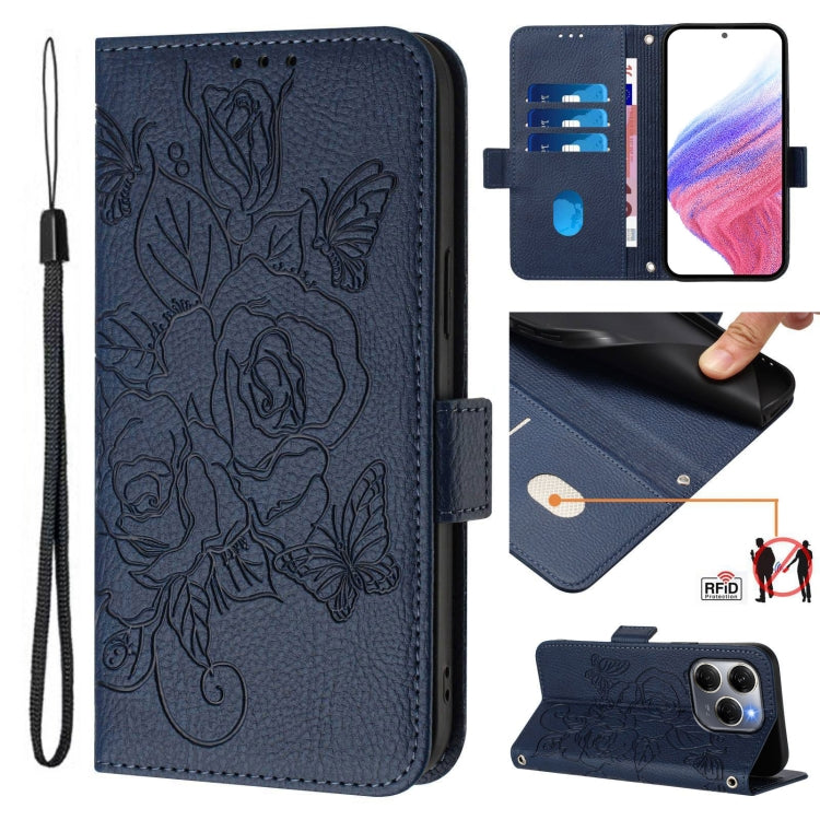 Funda de Cuero Antirrobo con RFID para Tecno Spark 20 Pro 5G con Relieve (Azul Oscuro)