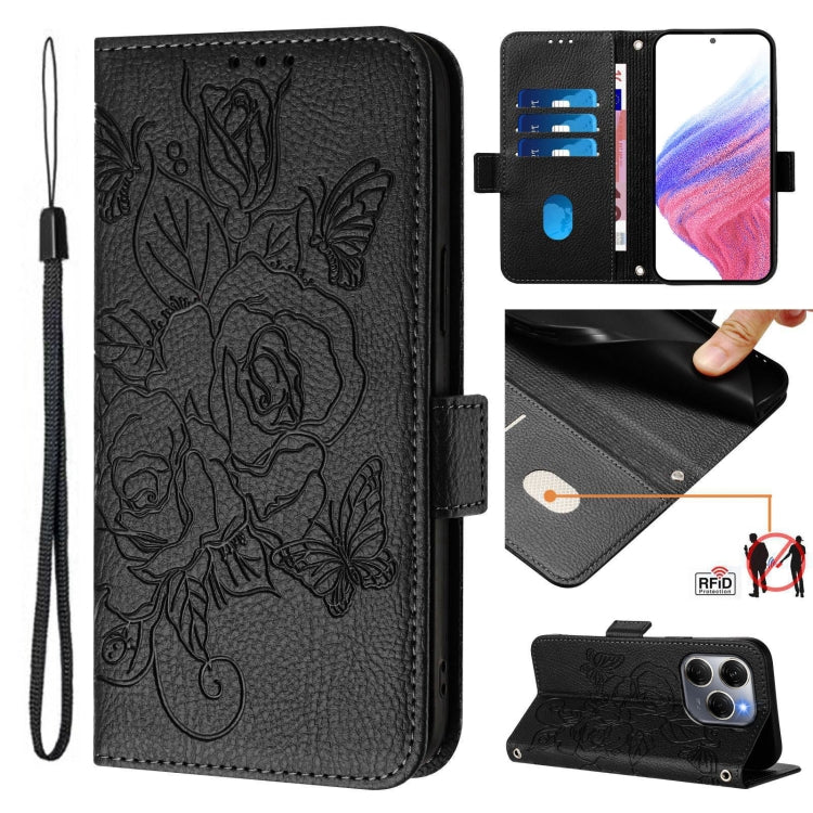 Funda de Cuero Antirrobo RFID con Relieve para Tecno Spark 20 Pro 5G (Negro)