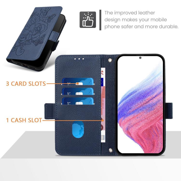 Funda de cuero antirrobo RFID con relieve rosa para Tecno Pop 10 / Infinix Smart 10 4G (azul oscuro)
