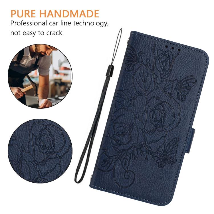 Funda de cuero antirrobo RFID con relieve rosa para Tecno Pop 10 / Infinix Smart 10 4G (azul oscuro)