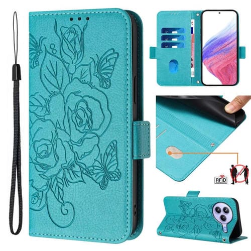 Funda de cuero antirrobo RFID con relieve rosa para Xiaomi Civi 5 Pro 5G (azul claro)
