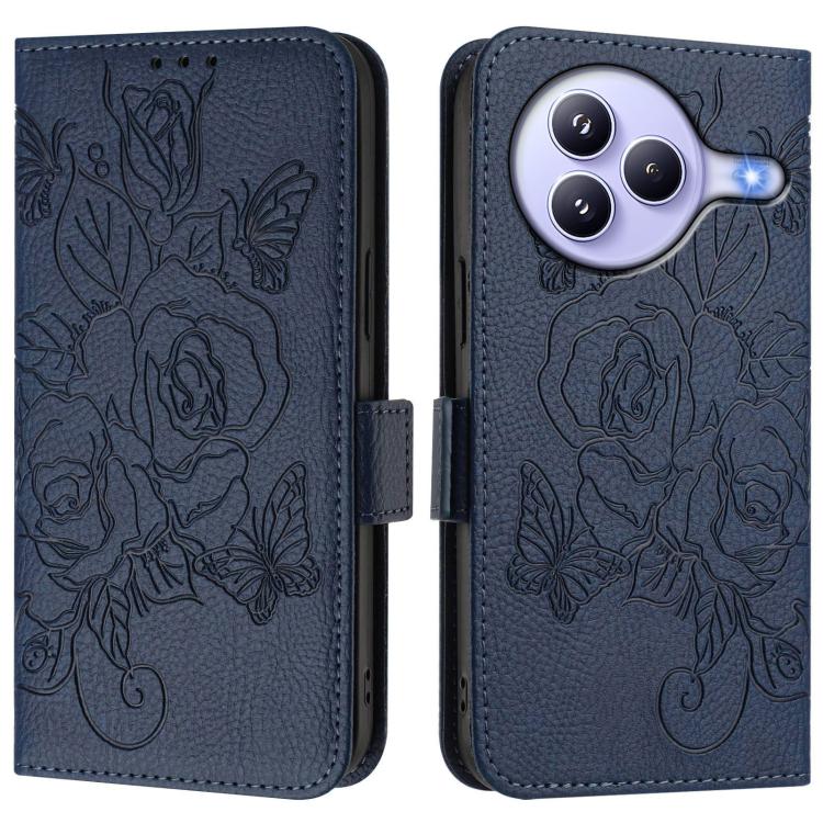 Funda de cuero antirrobo RFID con relieve rosa para Xiaomi Civi 5 Pro 5G (azul oscuro)