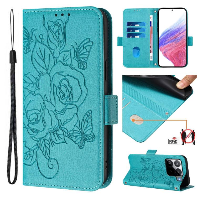 Funda de cuero antirrobo RFID con relieve rosa para Xiaomi 15S Pro 5G (azul claro)