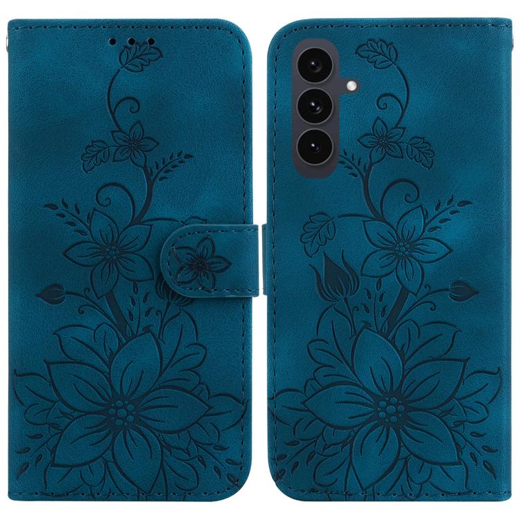 Funda de piel con relieve de lirio para Samsung Galaxy S25 FE 5G (azul oscuro)