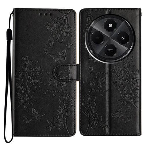 Funda de Cuero con Diseño de Mariposas y Flores para Redmi A4 5G (Negra)