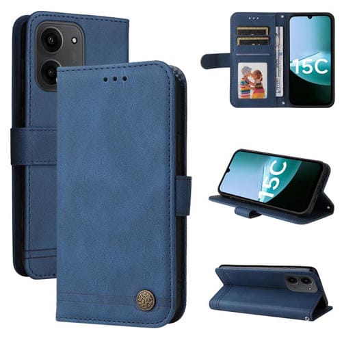 Funda de cuero con botones metálicos y diseño de árbol de la vida para Redmi 15C 4G (173,1 mm) / Redmi 15C 5G (173,1 mm) (azul)