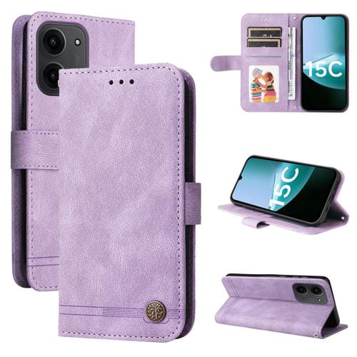 Funda de cuero con botones metálicos y diseño de árbol de la vida para Redmi 15C 4G (171,5 mm) y Xiaomi Poco C85 4G (morado)