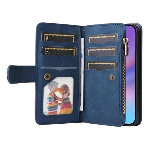 Funda de cuero con cremallera para iPhone 17, bicolor, con 9 ranuras para tarjetas (azul)