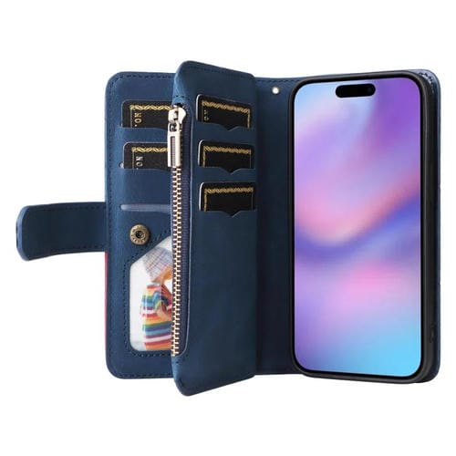 Funda de cuero con cremallera para iPhone 17, bicolor, con 9 ranuras para tarjetas (azul)