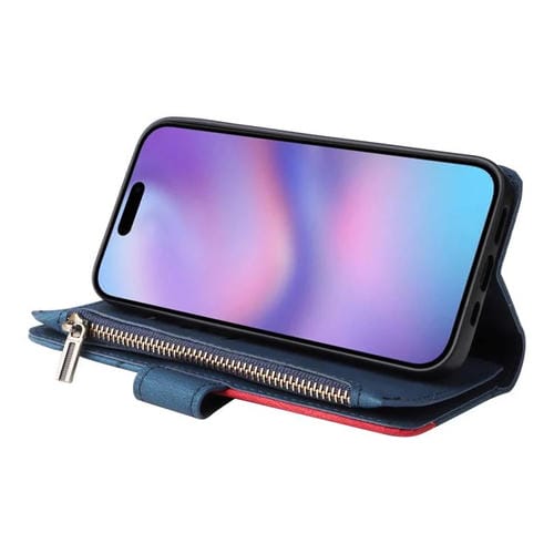 Funda de cuero con cremallera para iPhone 17, bicolor, con 9 ranuras para tarjetas (azul)