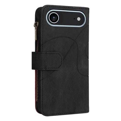 Funda de cuero con cremallera para iPhone 17 Air, bicolor, con 9 ranuras para tarjetas (negro)