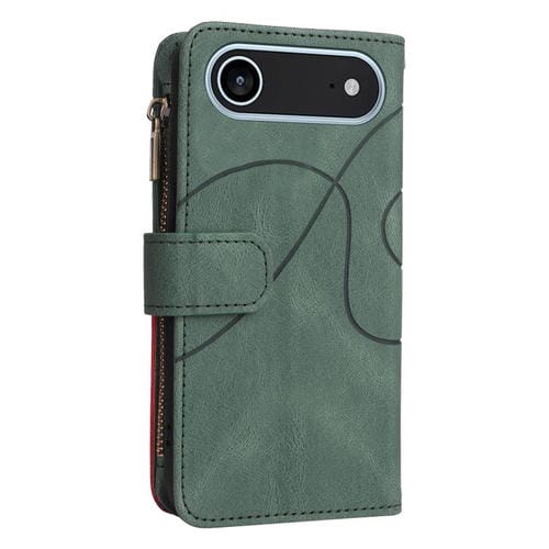 Funda de cuero con cremallera para iPhone 17 Air, bicolor, con 9 ranuras para tarjetas (verde)