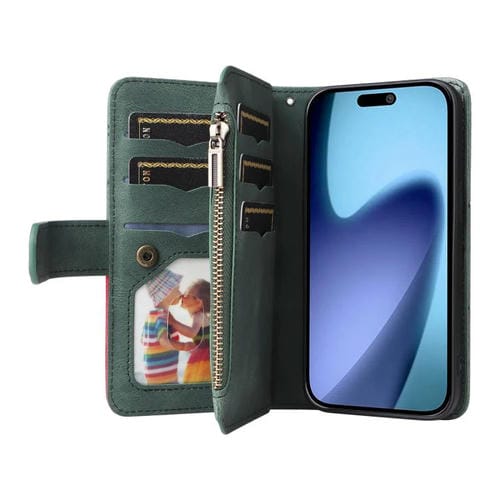 Funda de cuero con cremallera para iPhone 17 Air, bicolor, con 9 ranuras para tarjetas (verde)