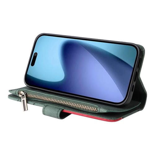 Funda de cuero con cremallera para iPhone 17 Air, bicolor, con 9 ranuras para tarjetas (verde)