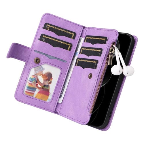 Funda de cuero con cremallera para iPhone 17 Pro Max, bicolor, con 9 ranuras para tarjetas (morado)